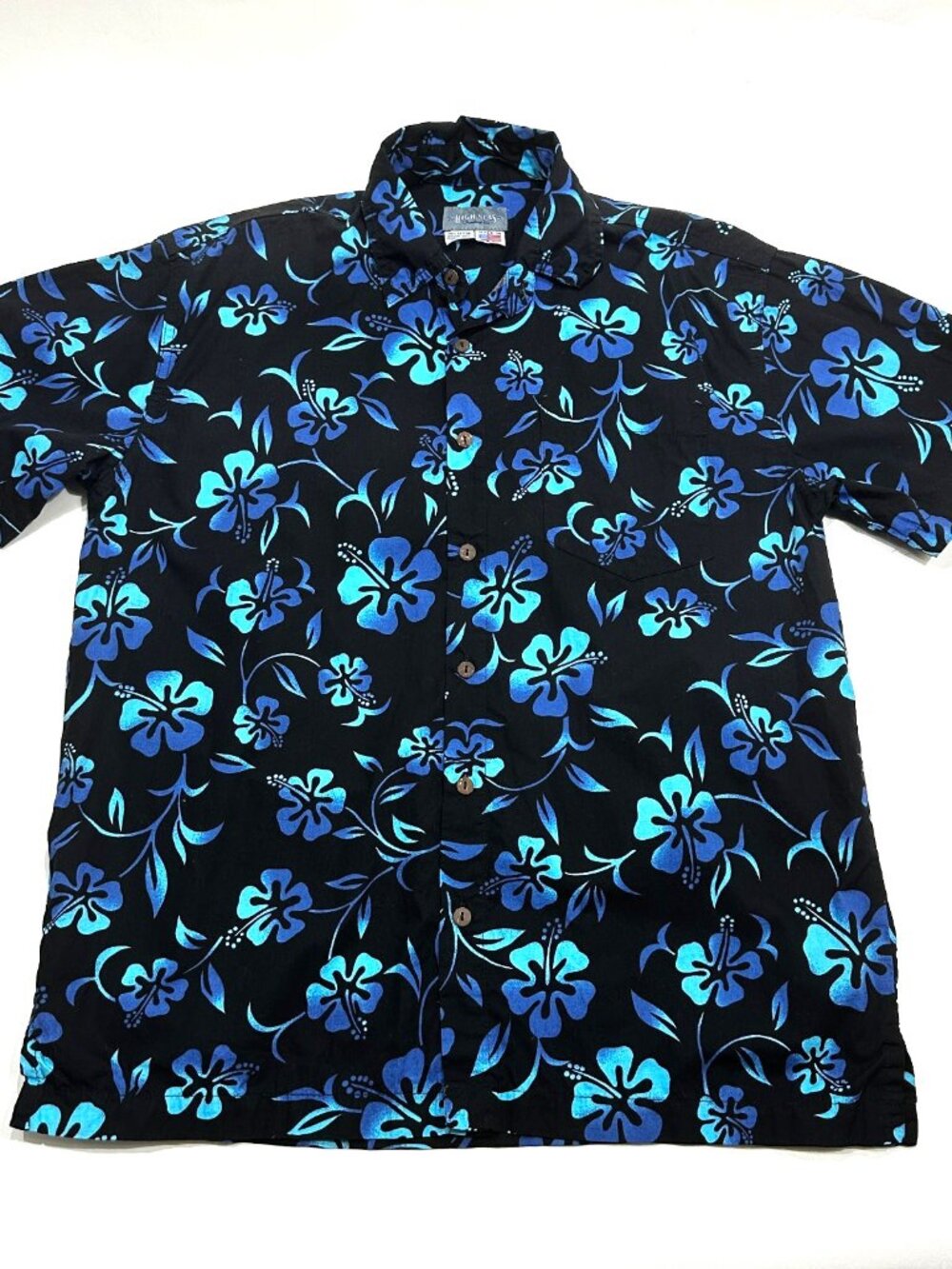 High Seas Trading Co Hawaiian Aloha Shirt Men’s Small Blue Hibiscus Vintage